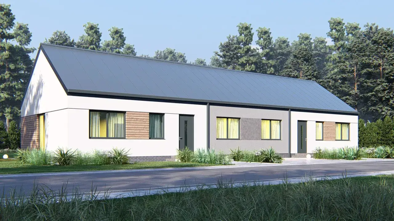 Nowoczesne projekty domów pod wynajem, dwupoziomowe, z drewnianymi elementami i dużymi oknami.
