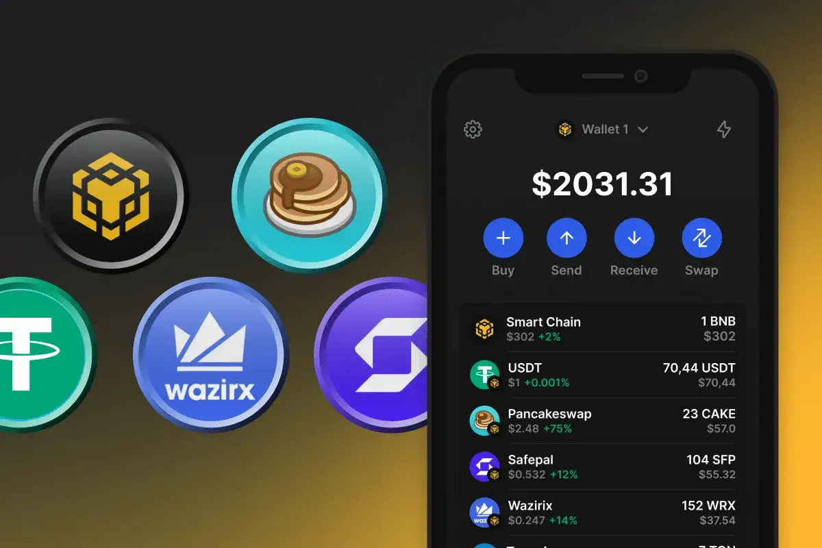 Portfel cyfrowy z ikonami kryptowalut, w tym Binance, PancakeSwap i WazirX. Widoczny ekran telefonu z saldem $2031.31 i listą token&oacute;w, w tym USDT, CAKE, SFP, WRX, kt&oacute;re są często używane na sieciach takich jak **BEP-20**.