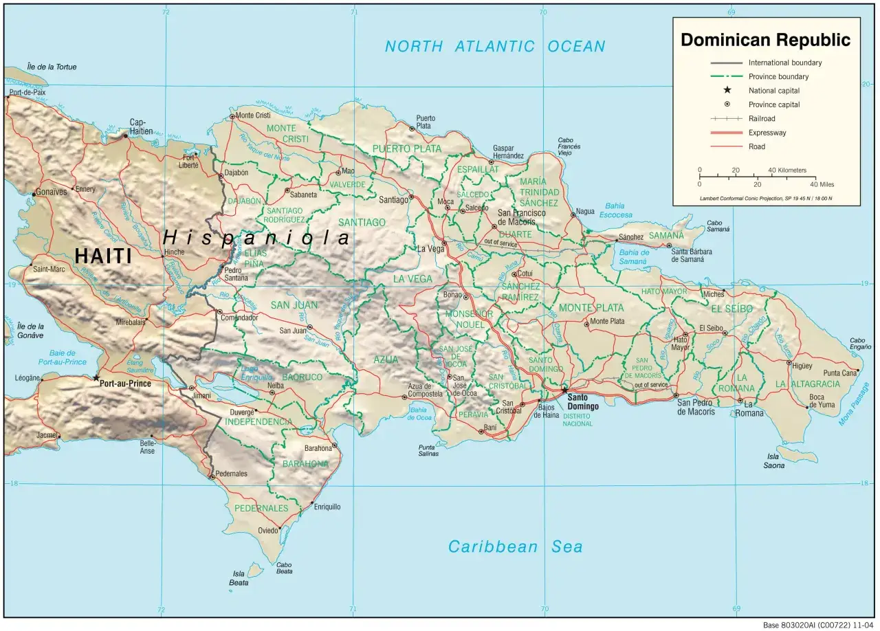 Mapa pokazuje gdzie leży Dominikana, na wyspie Hispaniola, na Morzu Karaibskim, na wschód od Haiti.