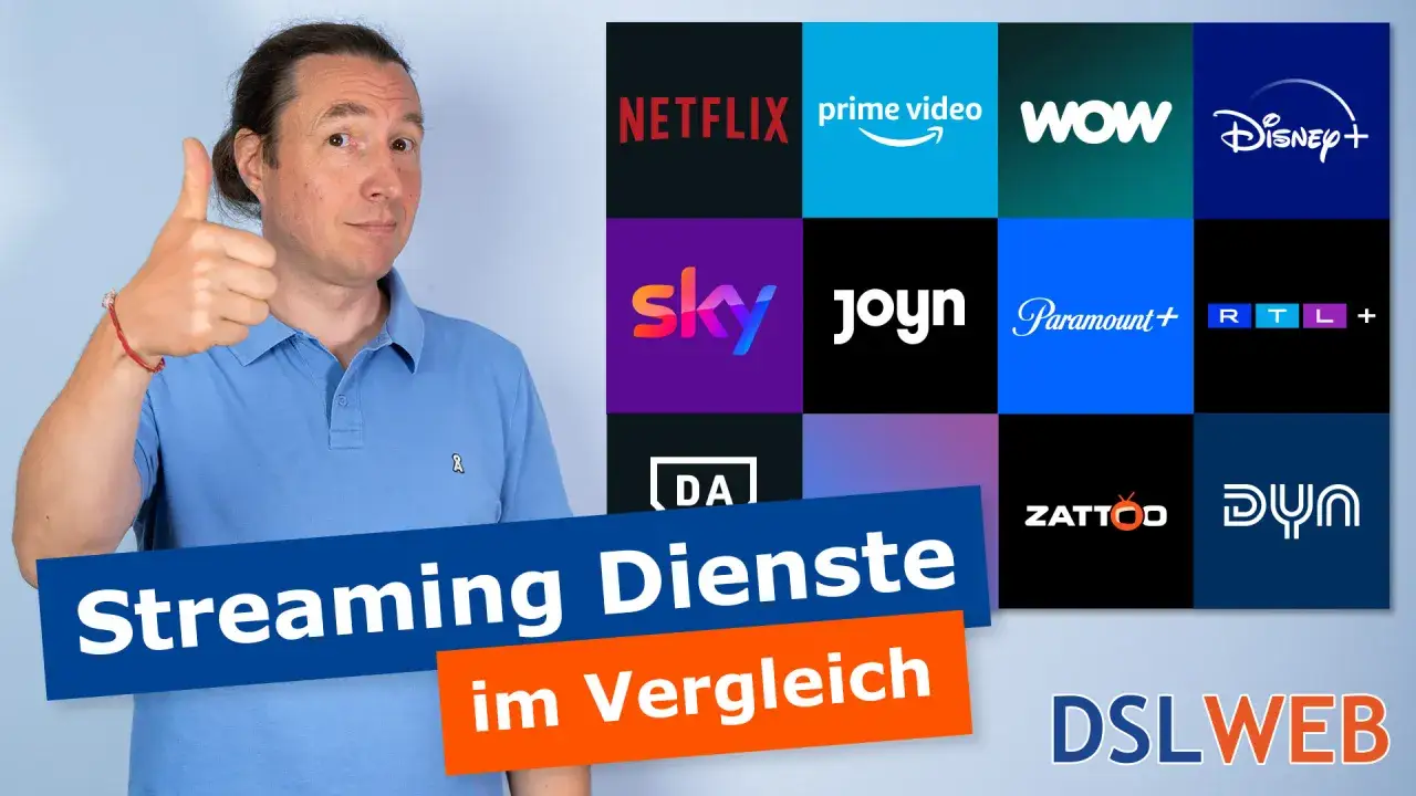 Mann gibt Daumen hoch vor Logos beliebter Streaming Dienste in Deutschland. Vergleich von Streaming Services.