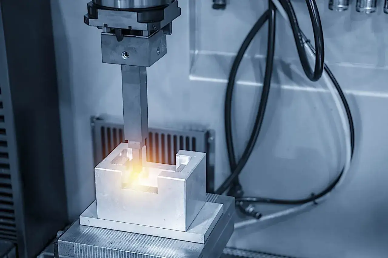 Precyzyjna obr&oacute;bka elektroerozyjna metalowego elementu przez maszynę.