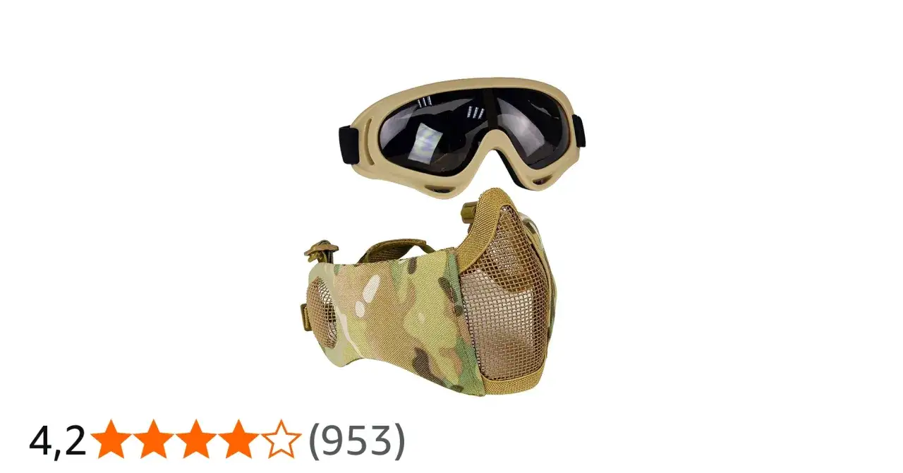 Protección para airsoft paintball: gafas tácticas y máscara de camuflaje multicam.
