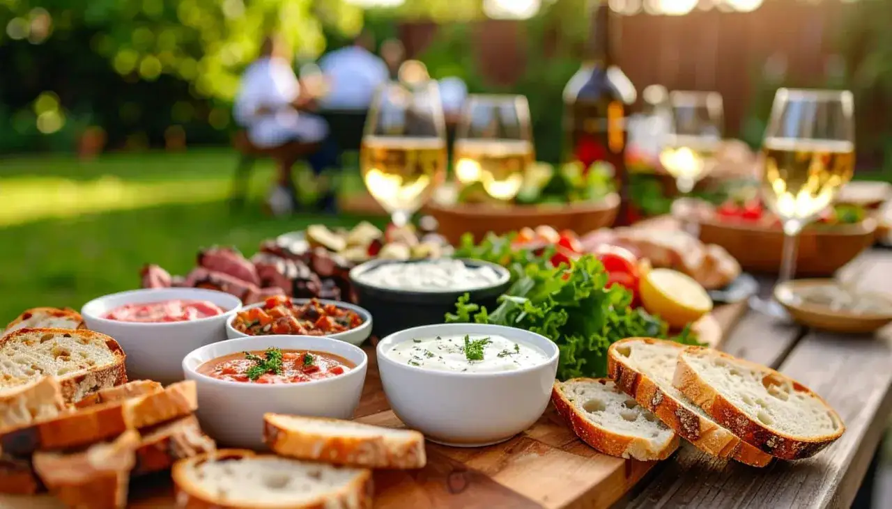 Leckere Dips zum Grillen mit Brot, Fleisch und Wein im Garten.