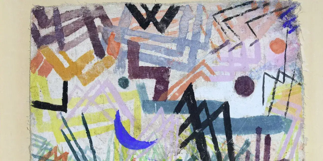 Abstraction color&eacute;e de Paul Klee, avec des formes g&eacute;om&eacute;triques et des lignes vives sur fond textur&eacute;.