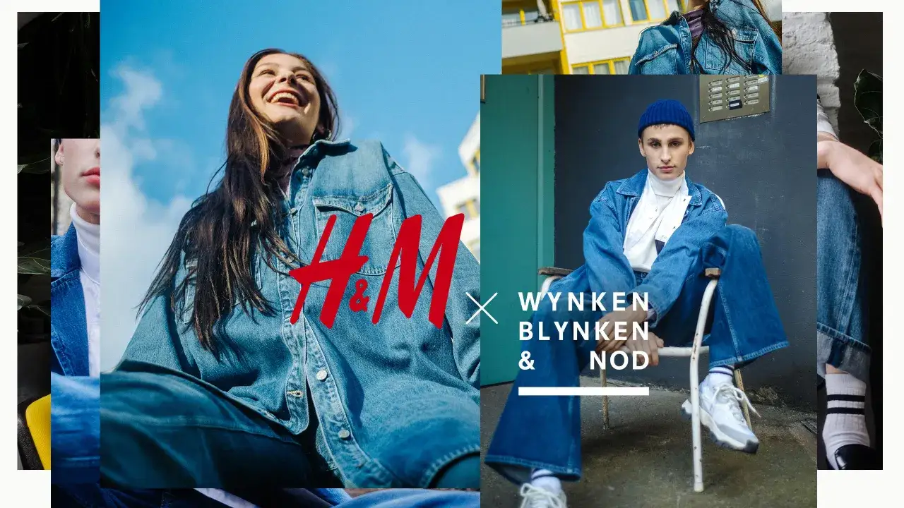 H&M fast fashion: Junge Frau lacht in Jeansjacke, daneben Person in Jeans und blauer Mütze.