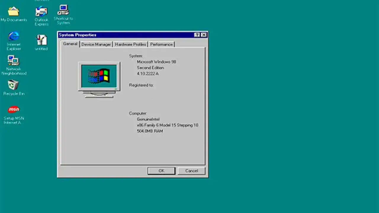 Ventana de Propiedades del Sistema de Windows 98, mostrando información del equipo. Quizás el virus Melissa se propagó así.