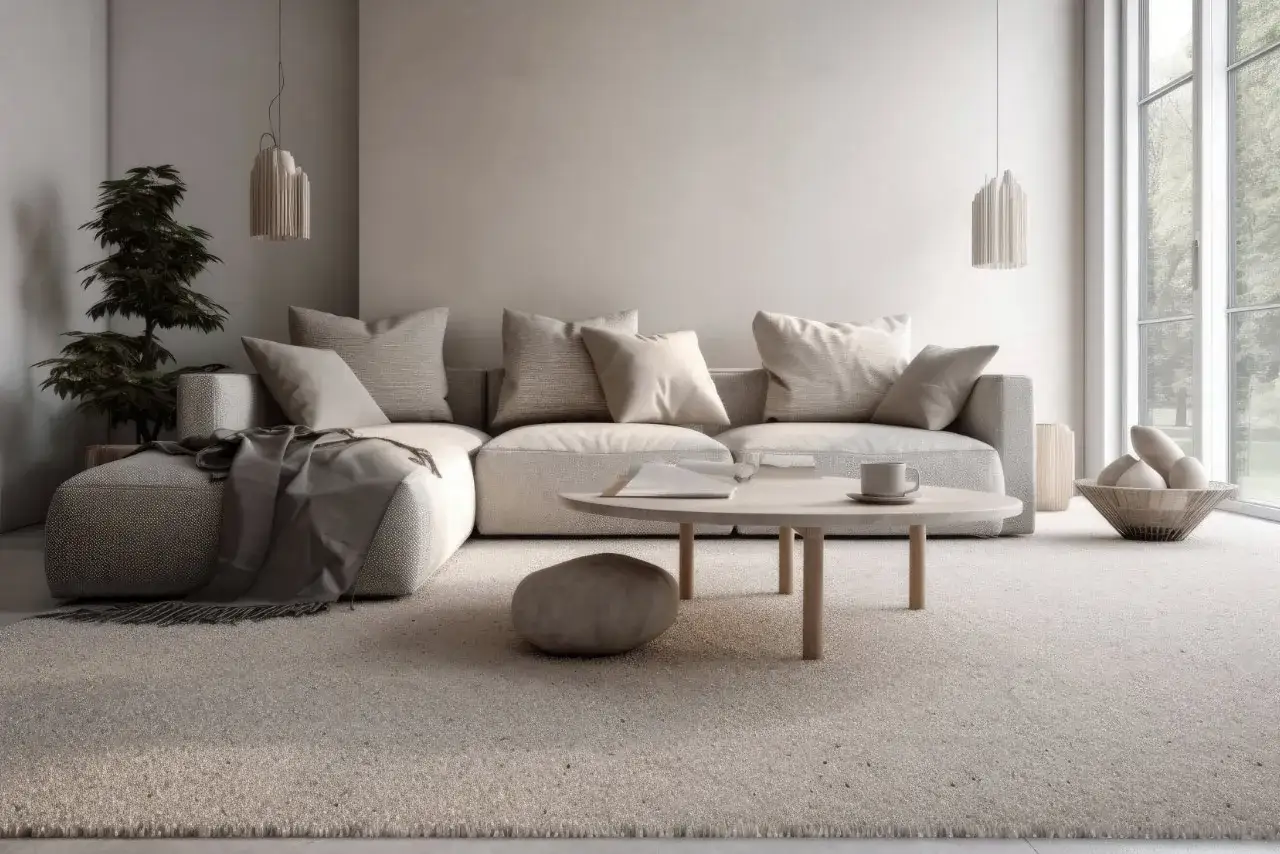 Soggiorno moderno con divano angolare e tavolino. Il colore taupe abbinamento crea un'atmosfera rilassante e sofisticata.