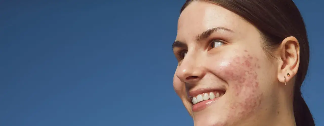 Primo piano di una giovane donna sorridente con brufoli sulle guance, contro uno sfondo blu intenso.