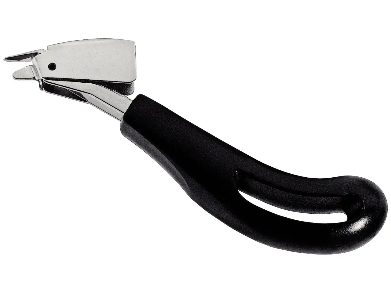 Wyciągacz do zszywek z czarną, ergonomiczną rączką i metalowymi szczękami.