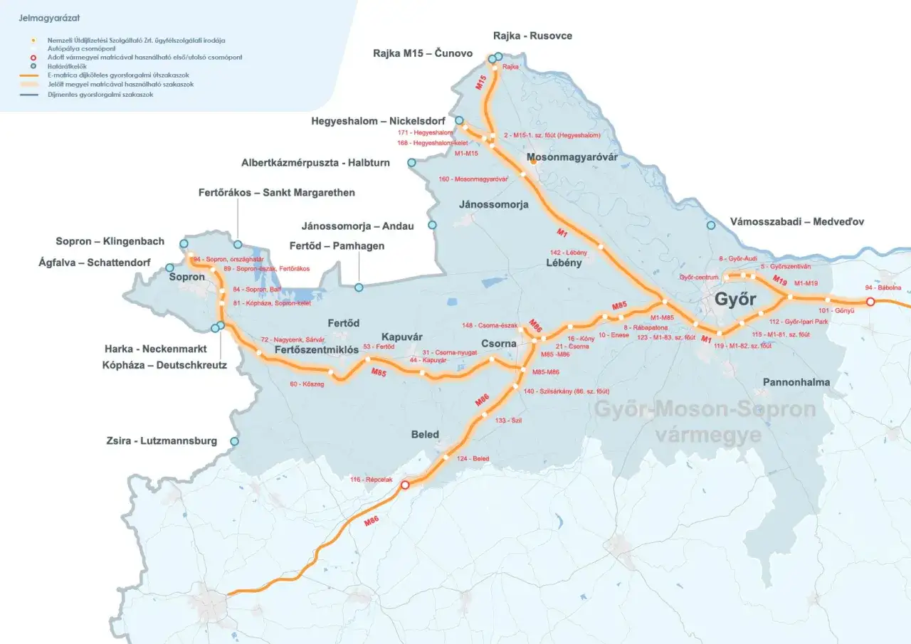 Mapa dróg Węgier z zaznaczonymi autostradami M1, M15, M19, M85, M86. Winieta węgry.