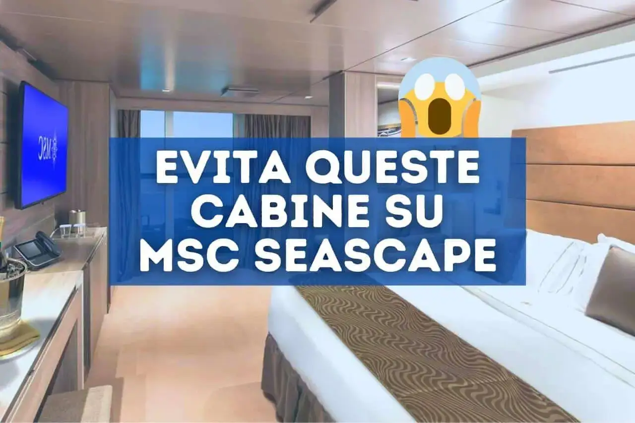 Interno cabina MSC Seascape con letto, TV e scritta