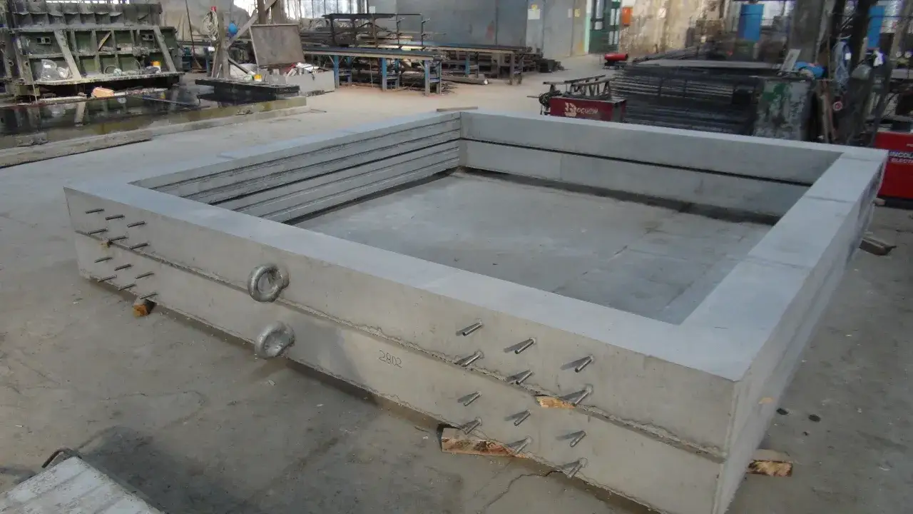 Betonowe elementy konstrukcyjne w hali produkcyjnej fabryki domów Bogucin.