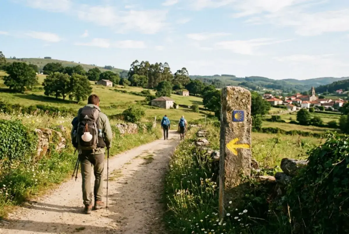 Peregrinos caminan por el camino de Santiago en bici con ni&ntilde;os. Un cartel amarillo indica la ruta.