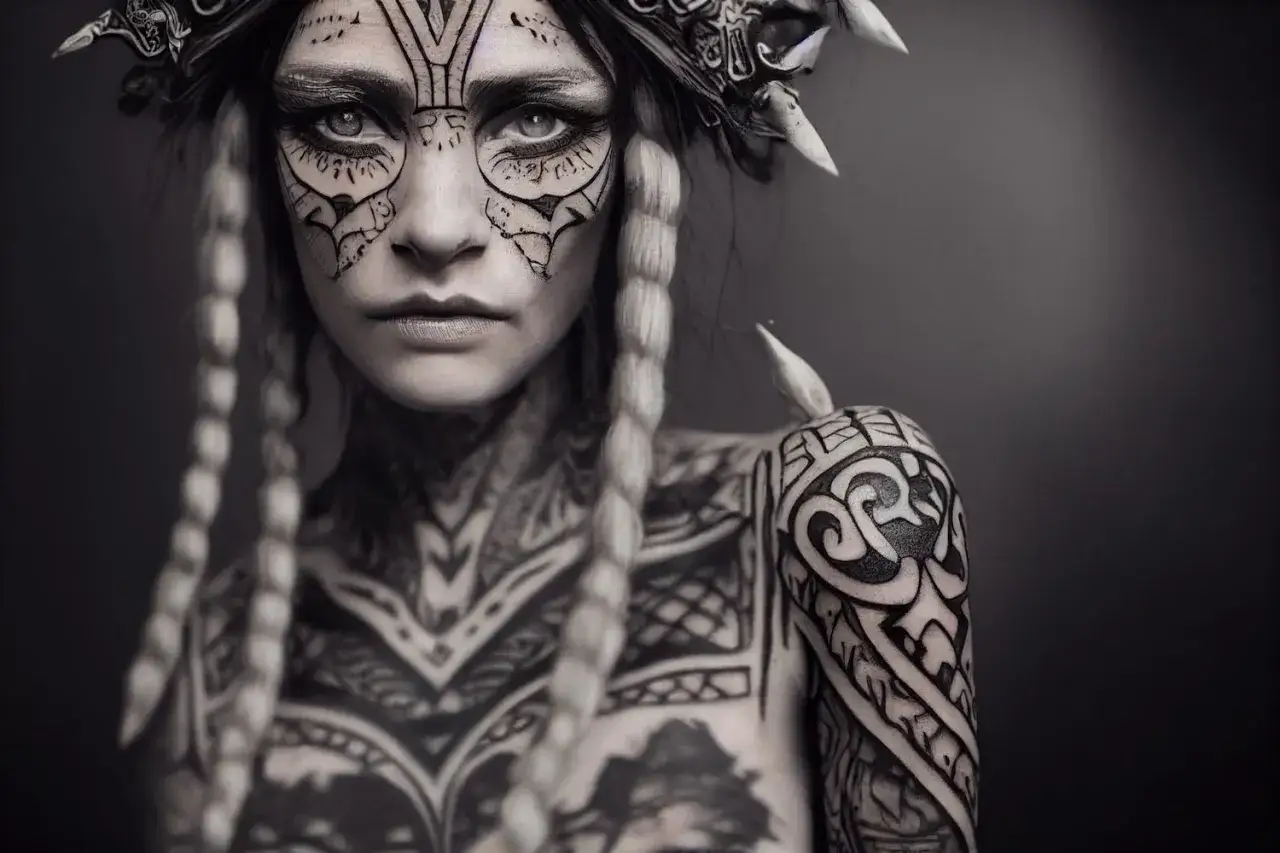Kobieta z tatuażami w stylu tribal. Jej twarz ozdobiona jest skomplikowanymi wzorami, a włosy splecione w warkocze.