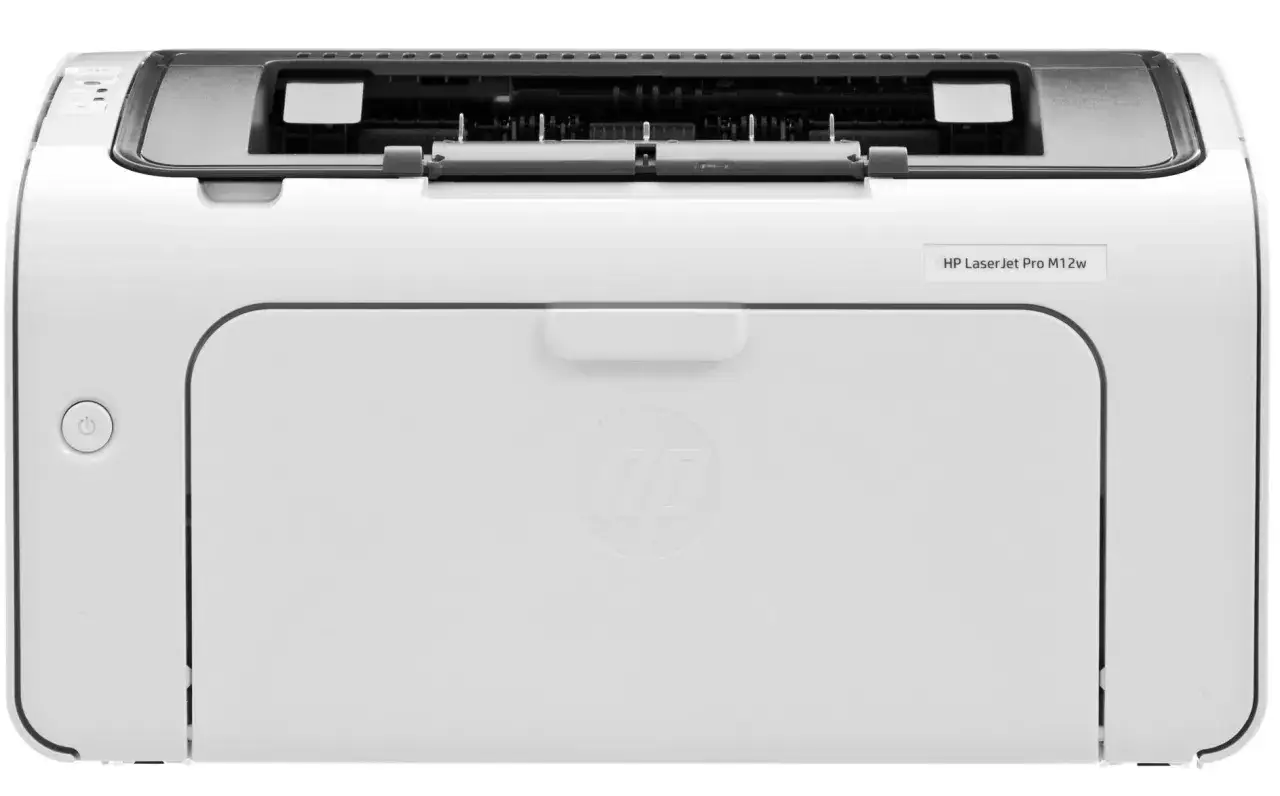 Biała drukarka HP LaserJet Pro M12w z panelem sterowania i logo HP.