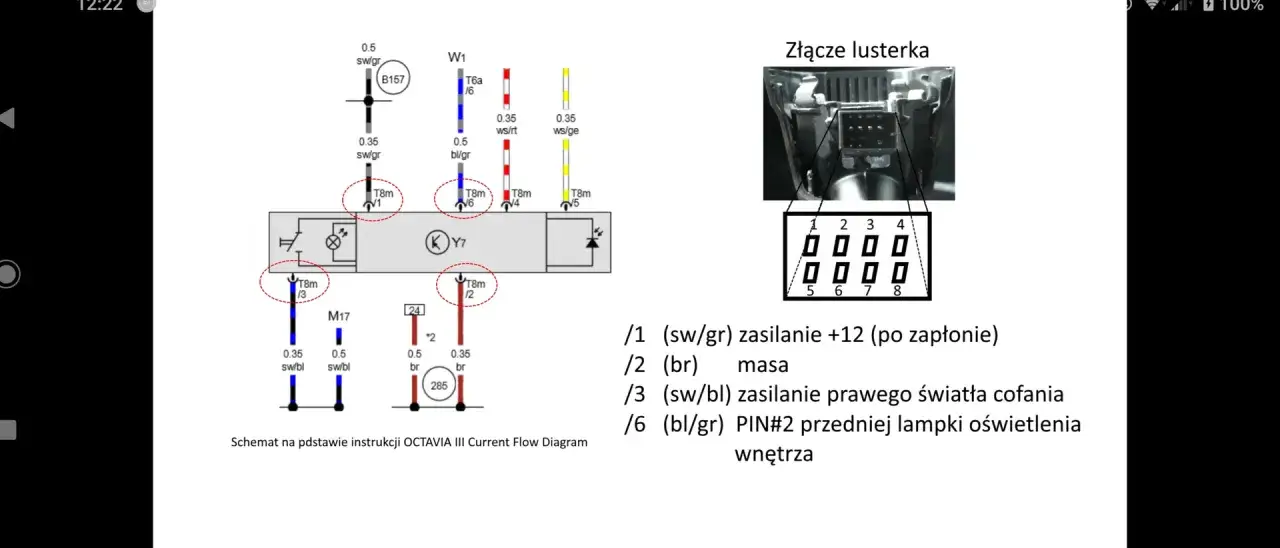 Schemat pokazuje złącze lusterka i jak sprawdzić ile pin ma lusterko, wraz z opisem pinów.