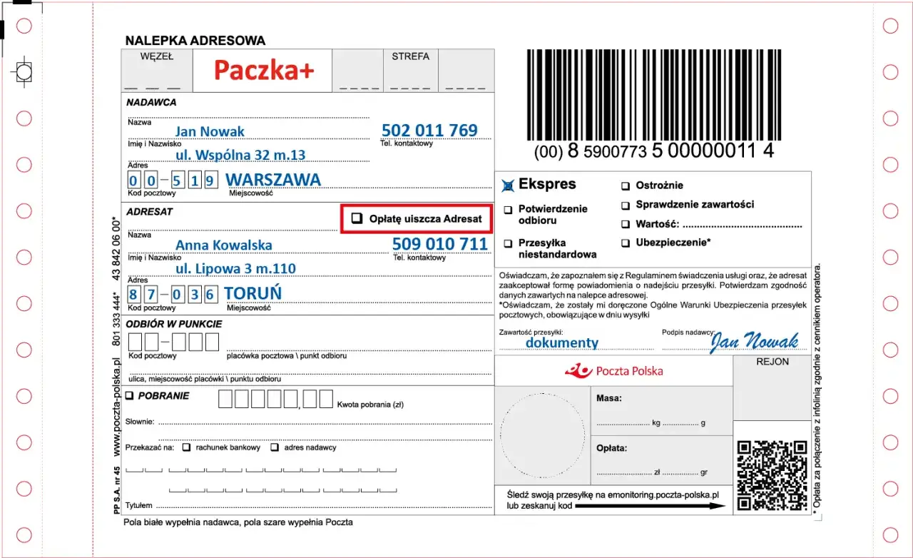 Etykieta na paczkę Poczta Polska z danymi nadawcy Jana Nowaka i adresatem Anną Kowalską.