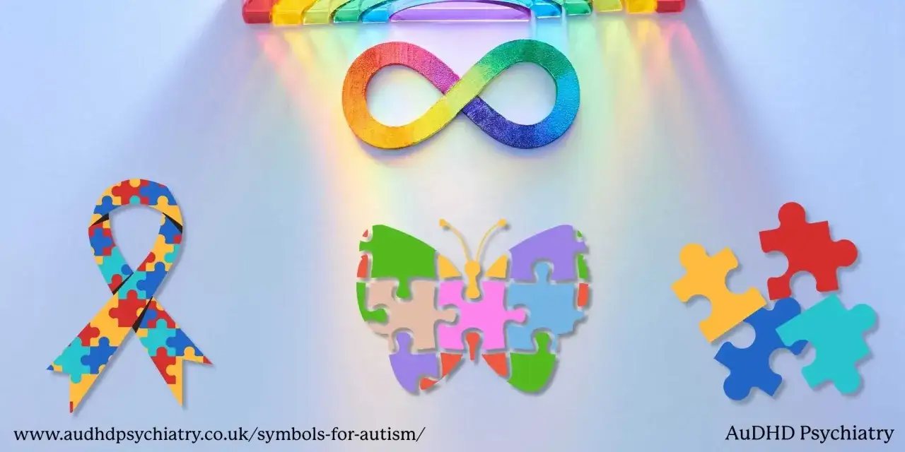 Tęczowa wstążka, motyl i puzzle symbolizują autyzm. R&oacute;żne kształty i kolory układanki tworzą piękne obrazy.