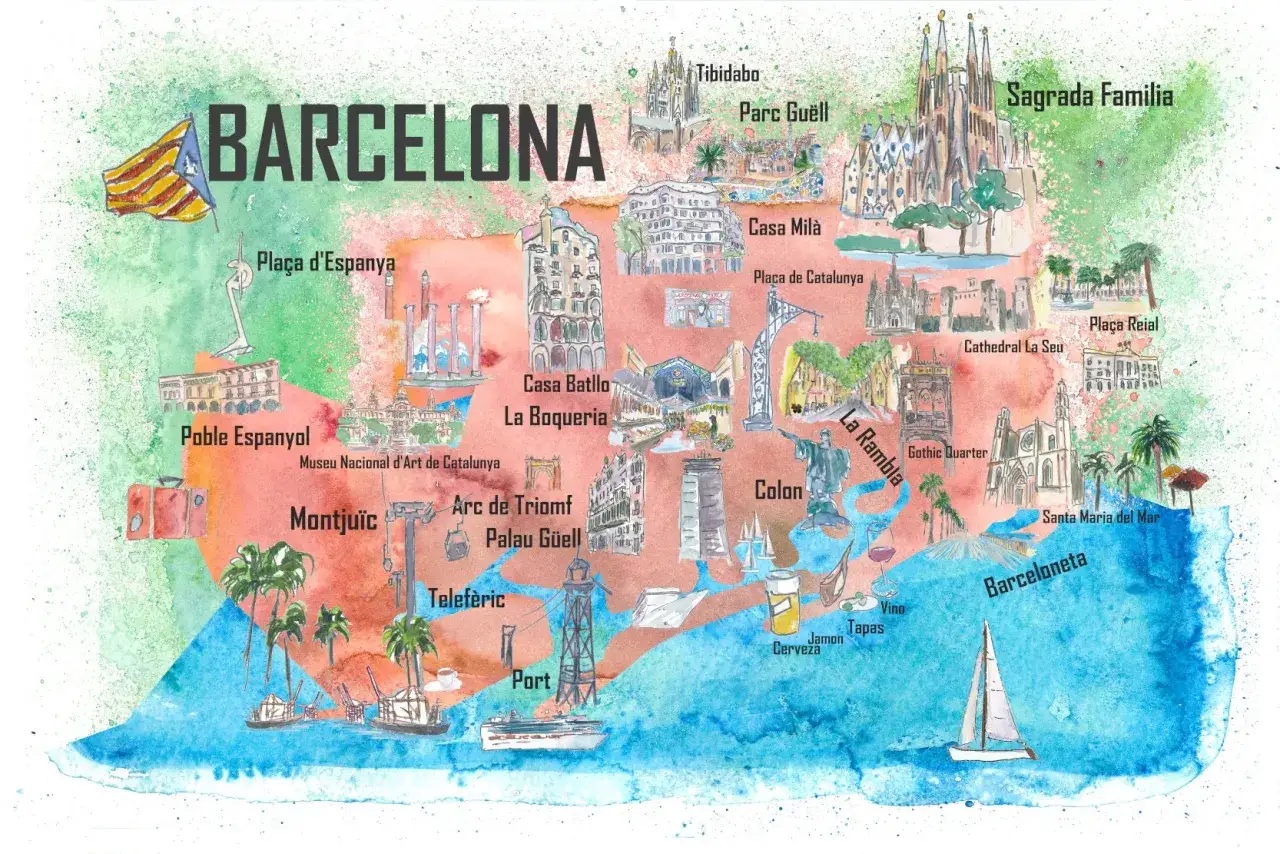 Mapa Barcelony z zaznaczonymi atrakcjami: Sagrada Familia, Parc Güell, La Rambla. Gdzie jest Barcelona? Tu!