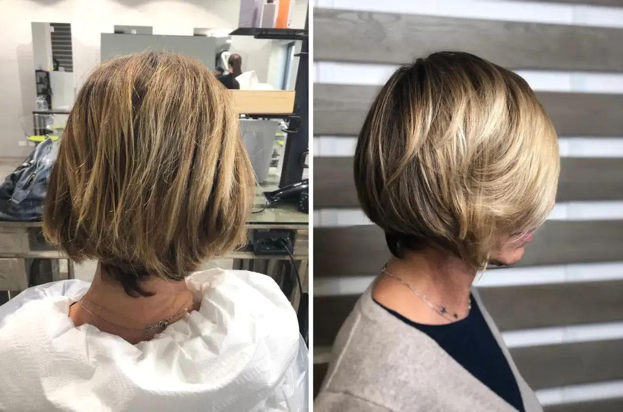 Prima e dopo: la differenza tra meches e balayage su capelli biondi corti.