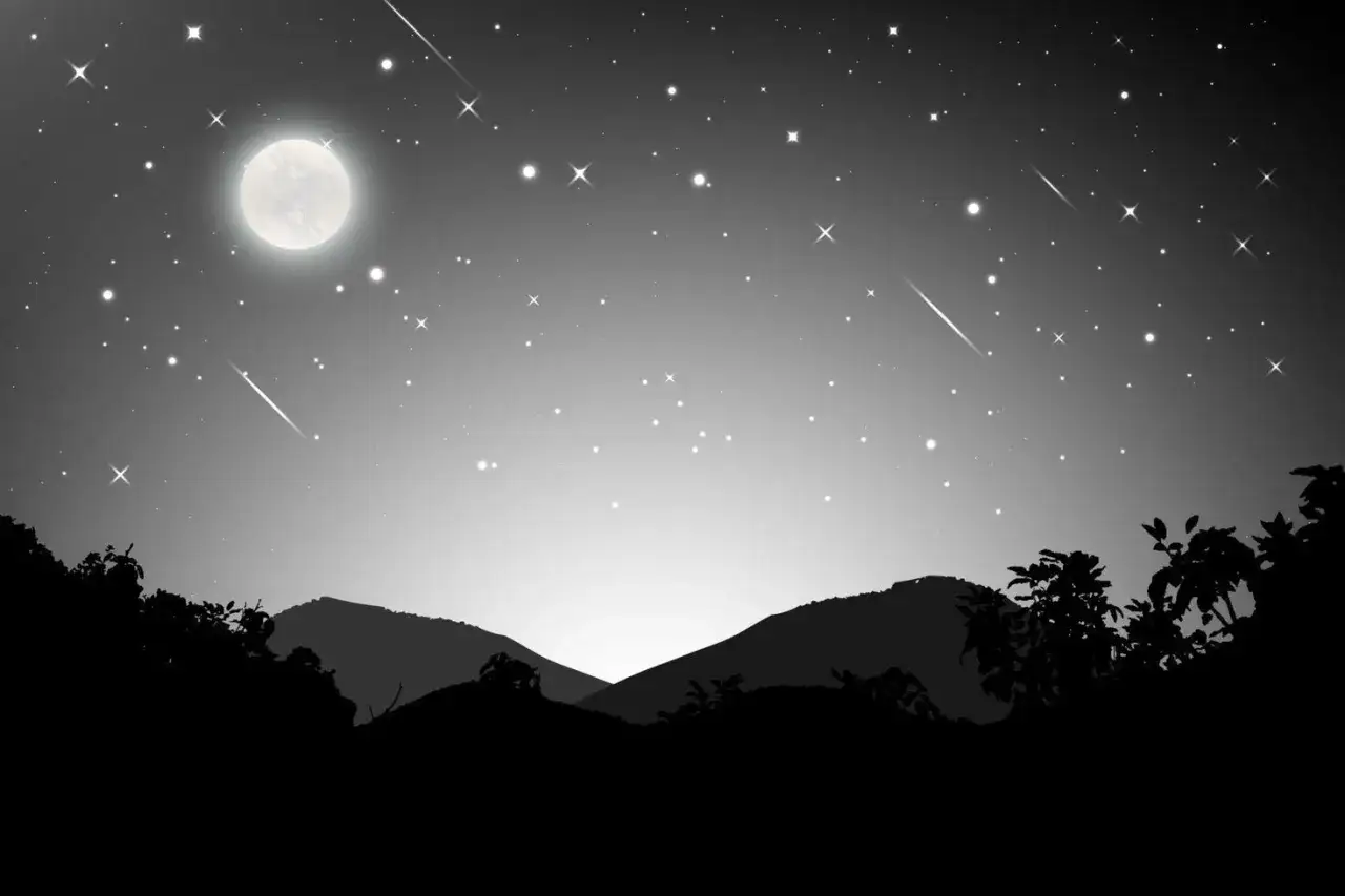 A full moon shines brightly in a starry sky, with shooting stars streaking across the night. Silhouetted mountains and trees form the foreground.