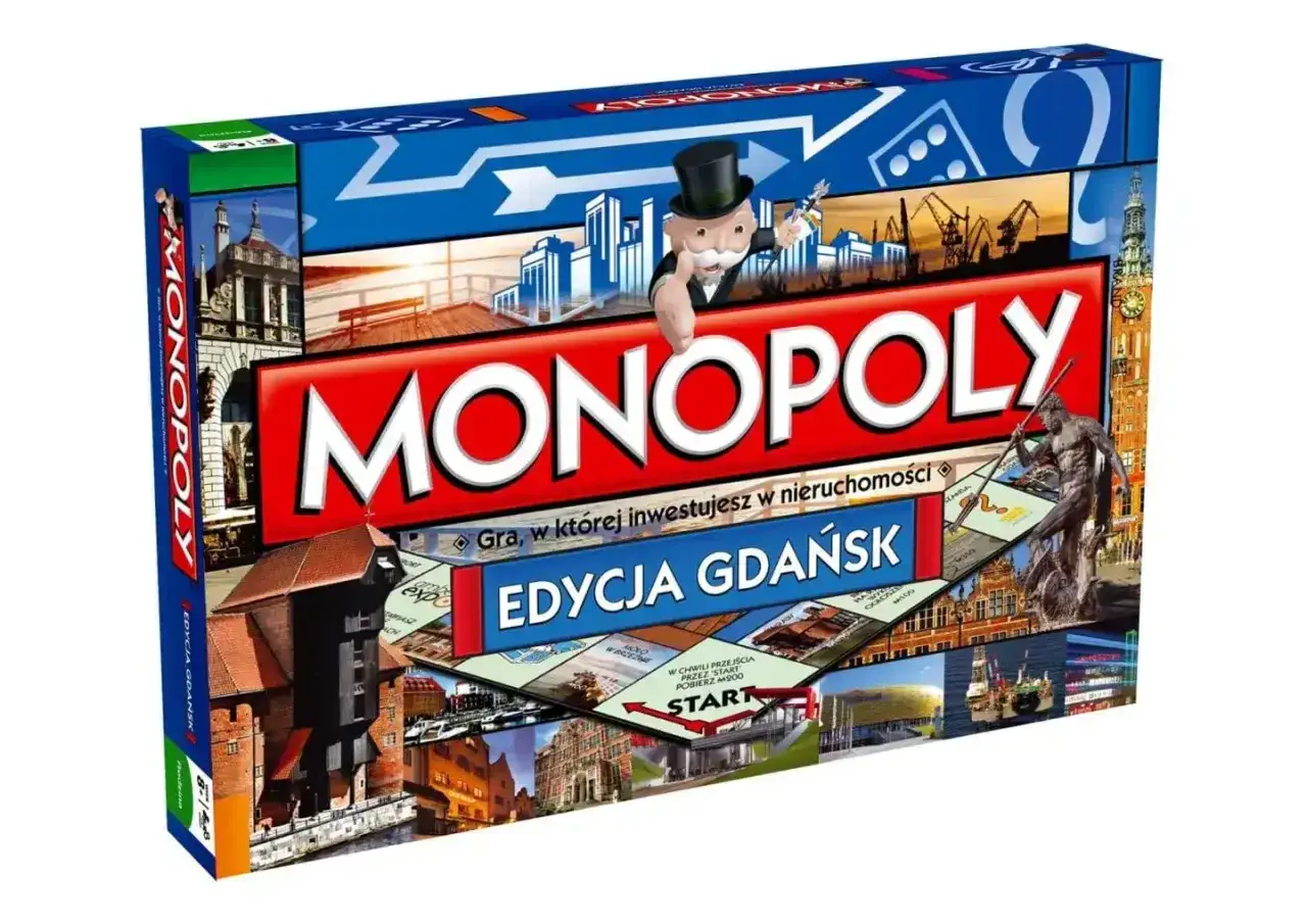 Plansza Monopoly Edycja Gdańsk z charakterystycznymi budowlami i postaciami.