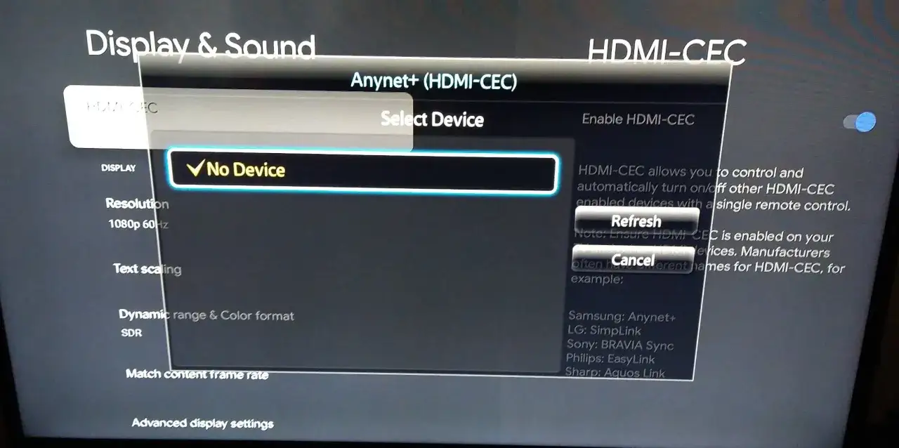 Ustawienia Samsung TV: HDMI-CEC wyłączone,