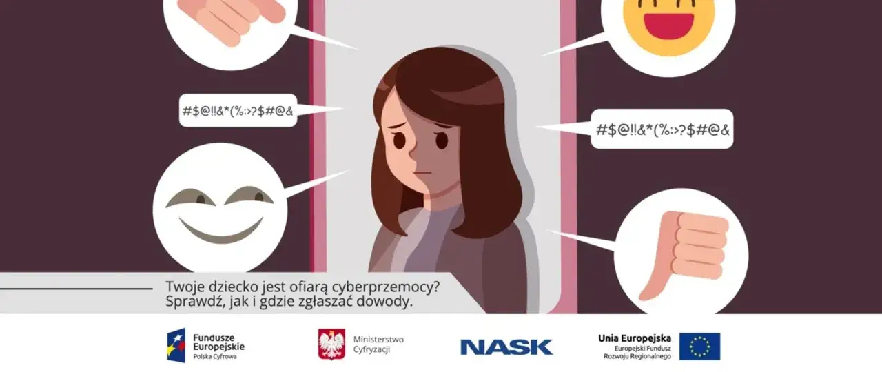 Smutna dziewczynka otoczona negatywnymi emotikonami i symbolami. Jak reagować na hejt? Sprawdź, jak pomóc dziecku.