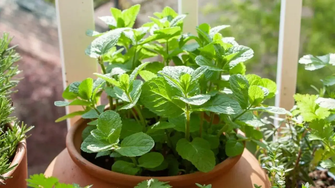 Plante de menthe luxuriante dans un pot en terre cuite, baignée de soleil. Elle prospère, qu'elle soit en menthe soleil ou ombre.