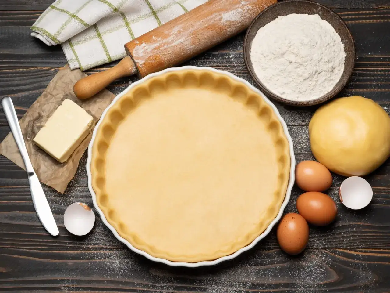 Przygotowania do pieczenia: ciasto kruche w formie, wałek, masło, mąka, jajka i ściereczka.