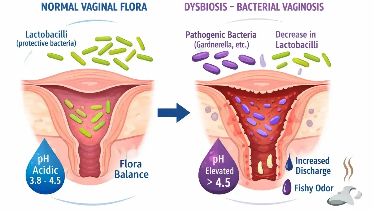 Illustration visar normal vaginal flora med skyddande laktobaciller och en obalans som leder till bakteriell vaginos med patogena bakterier, &ouml;kad flytning och fiskig lukt.