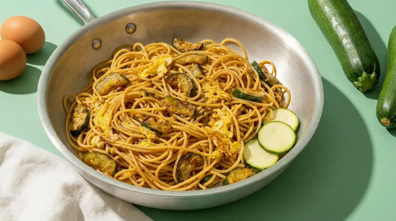 Gekochte Spaghetti braten mit Zucchini und Ei in einer Pfanne, daneben zwei Eier und frische Zucchini.