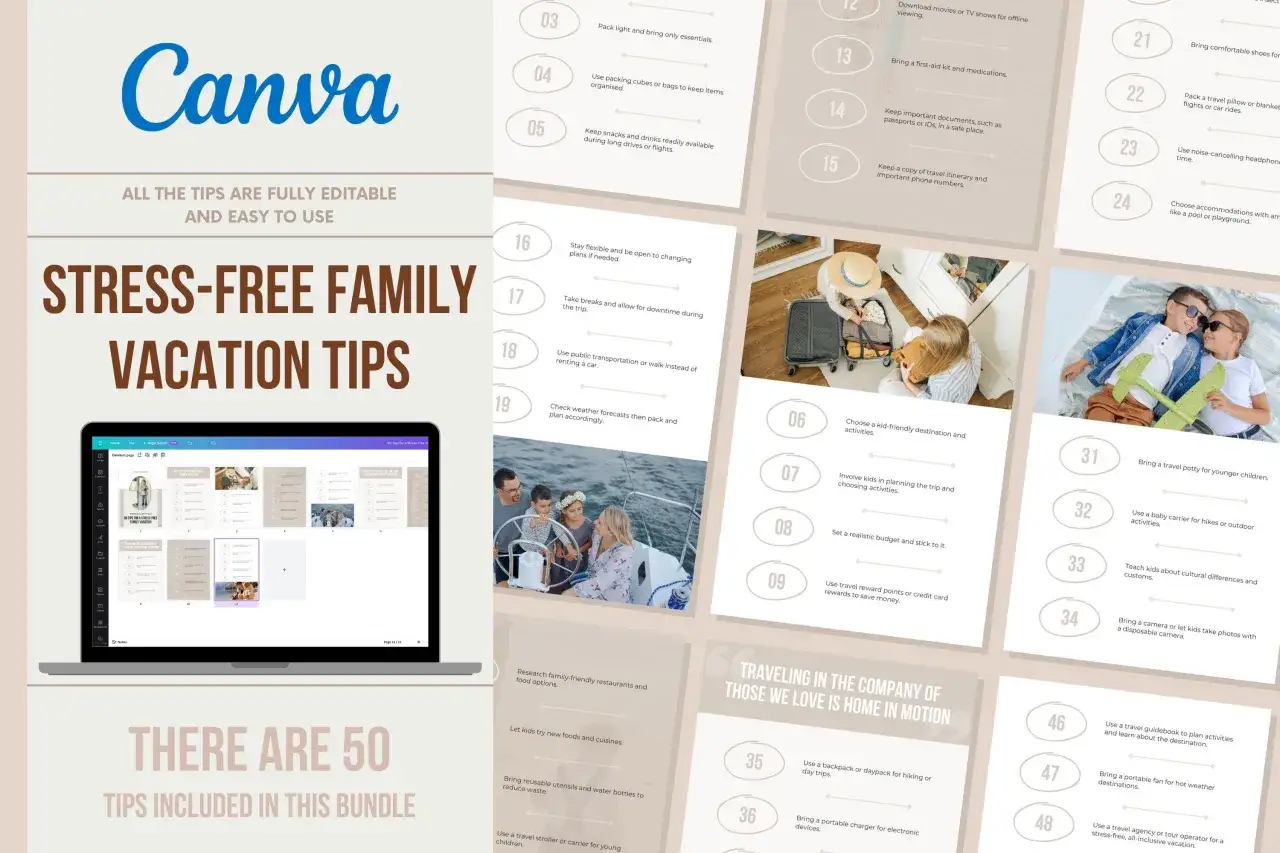 Keine Angst vor Urlaub! Canva bietet 50 Tipps f&uuml;r stressfreie Familienreisen, von Packlisten bis zur Reiseplanung.