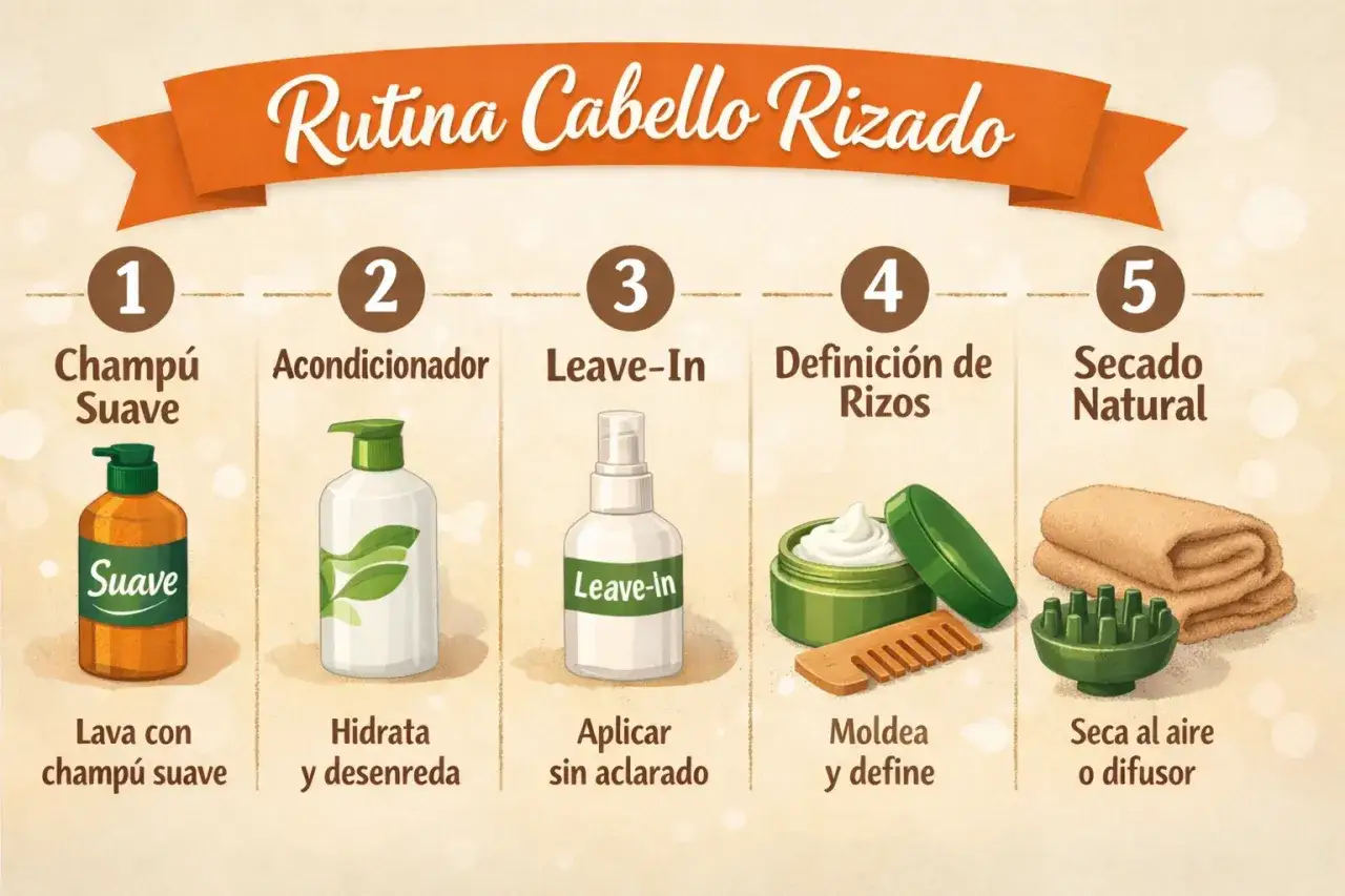 Rutina para cabello rizado: champú, acondicionador, leave-in (que es un leave in para el cabello), definición y secado natural.