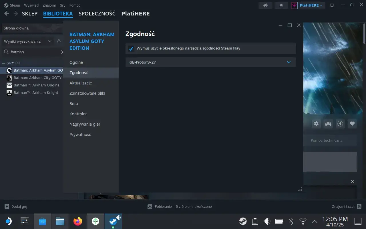 Ustawienia gry Batman: Arkham Asylum GOTY Edition na Steam. Widoczna opcja 