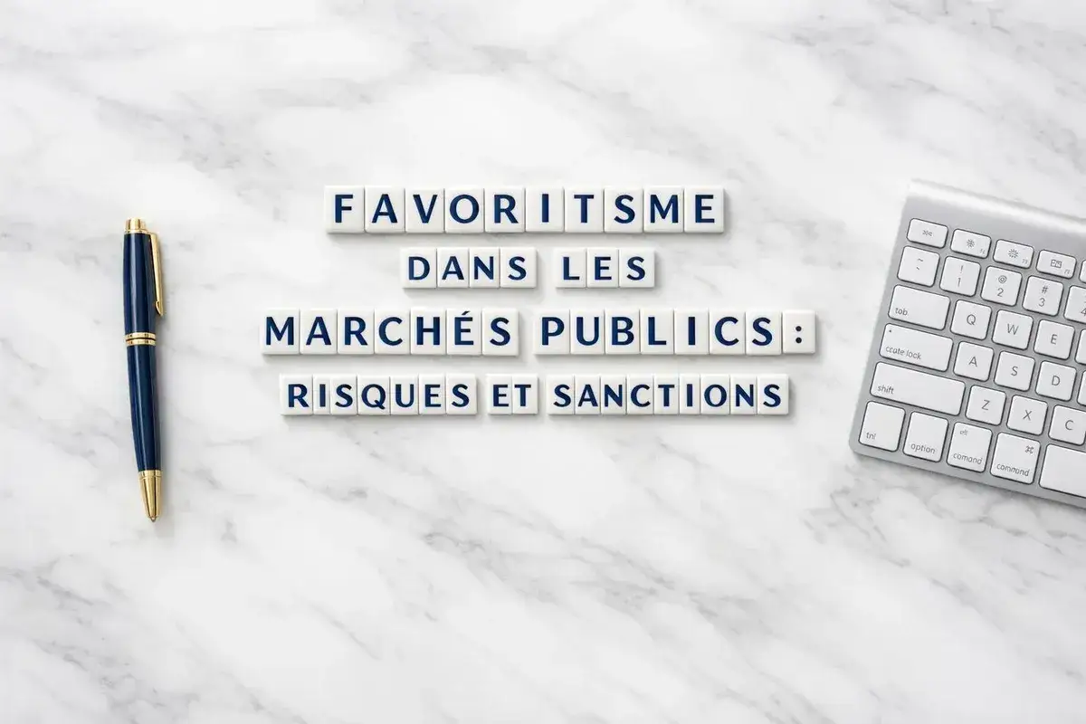 Le **favoritisme** dans les marchés publics : risques et sanctions. Un stylo bleu et un clavier sur fond marbre.