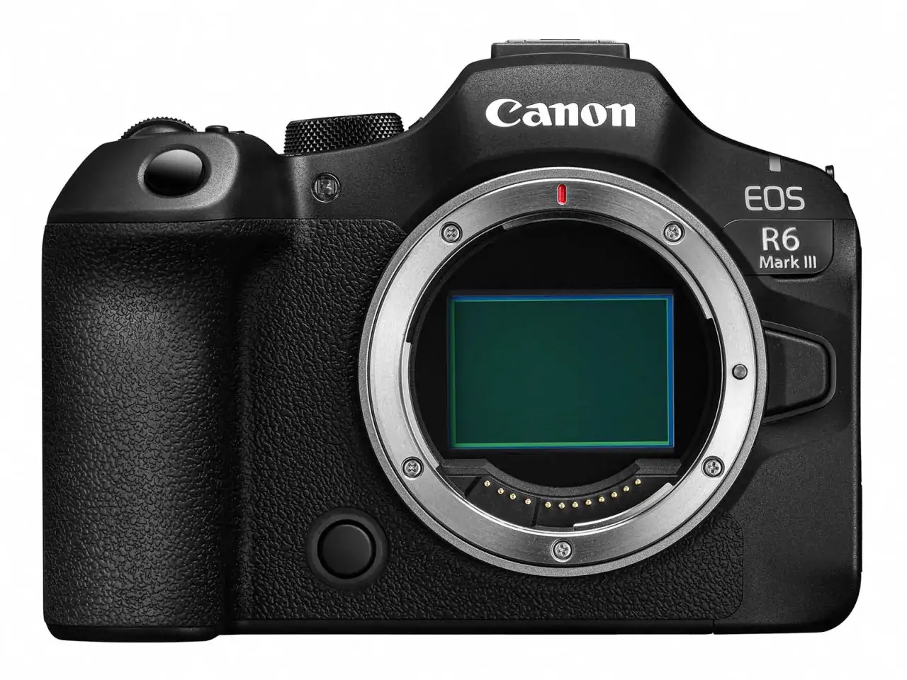 Czarny aparat Canon EOS R6 Mark III, gotowy do testów. Widoczny sensor i logo producenta.