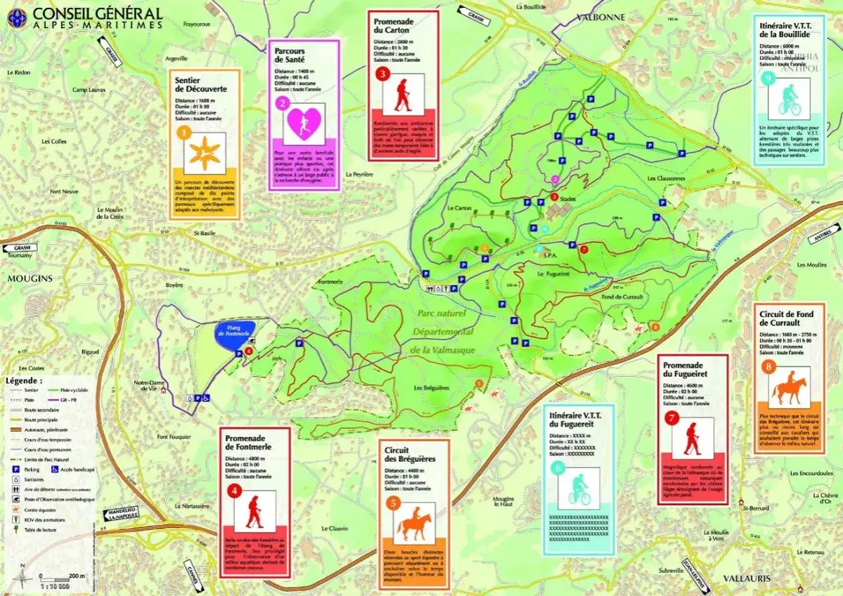 Carte du parc naturel départemental de la Valmasque, avec sentiers, circuits VTT et promenades.