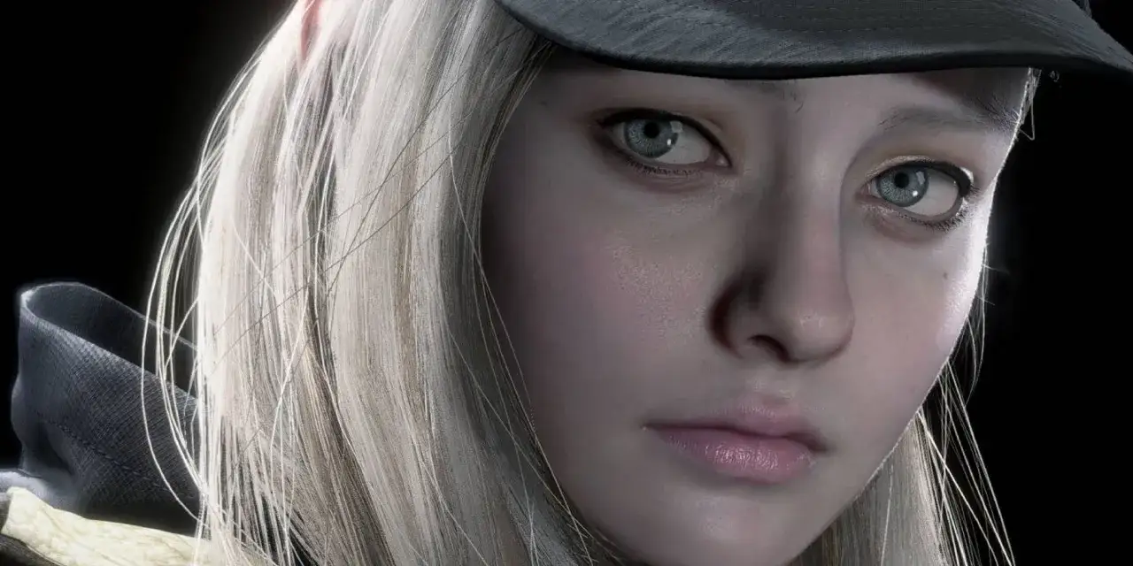 Zbliżenie na twarz Rose Winters z Resident Evil. Jasne włosy, niebieskie oczy i czapka.