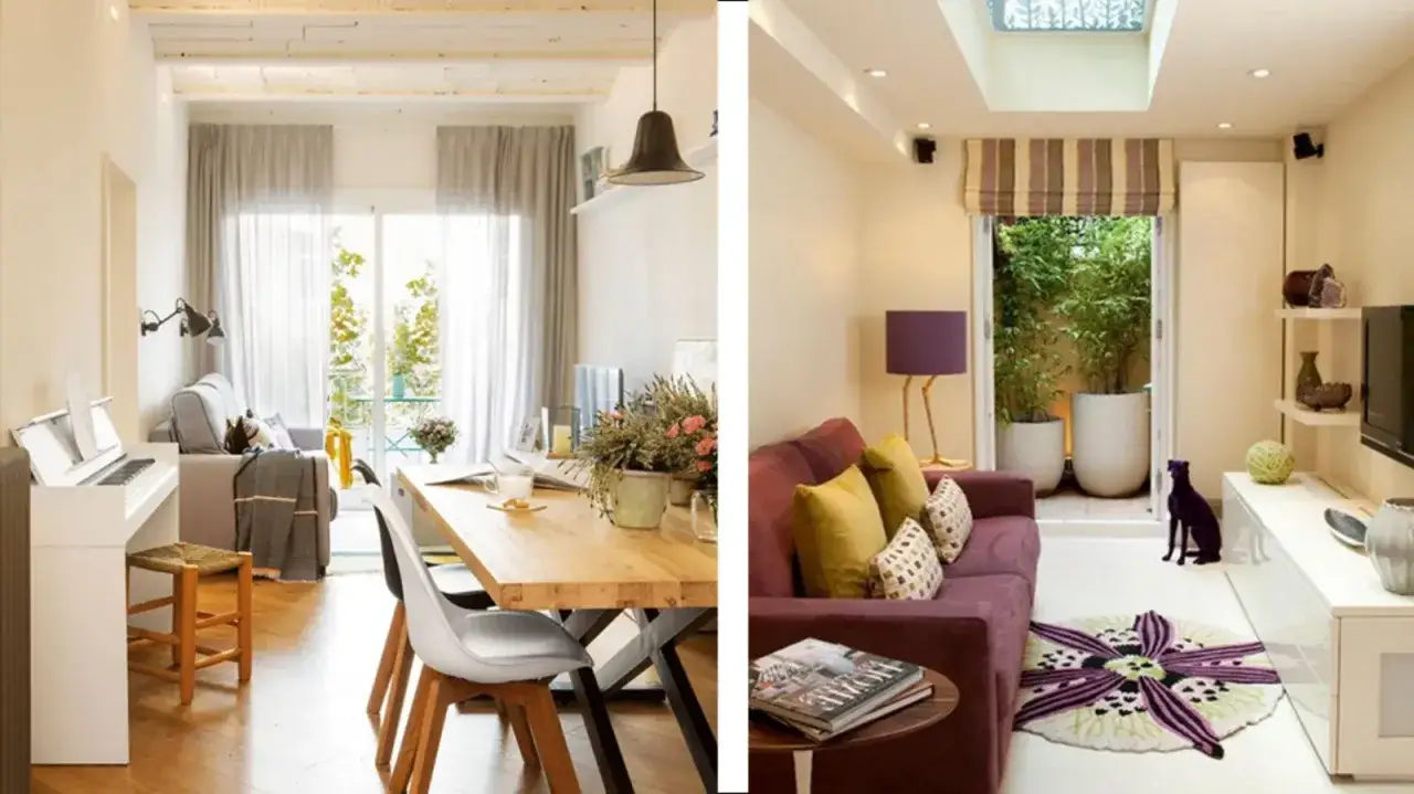 Progetto soggiorno stretto e lungo: zona pranzo con pianoforte e divano, e zona relax con divano viola e accesso al giardino.