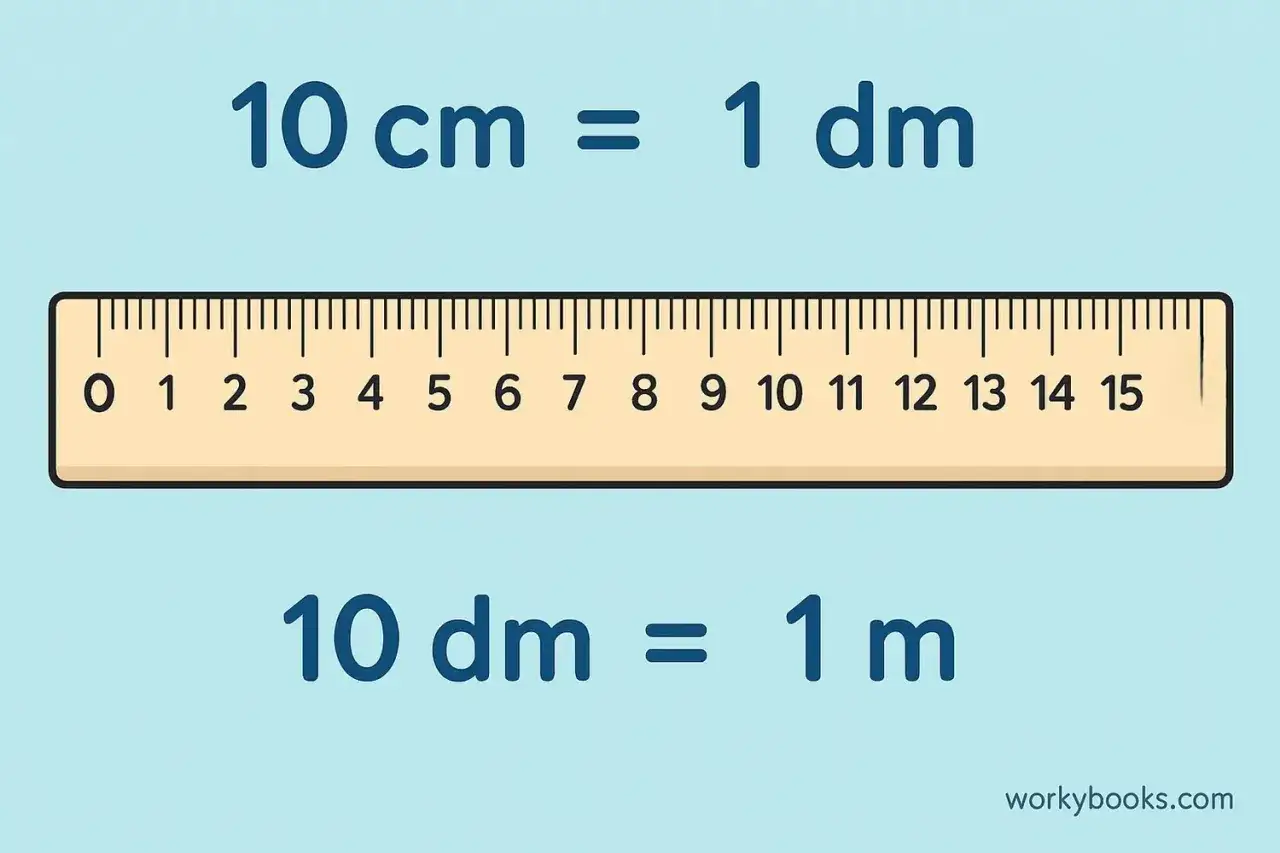 W matematyce 1 dm to decymetr, czyli 10 cm. 10 dm to 1 metr. Linijka pokazuje te zależności.