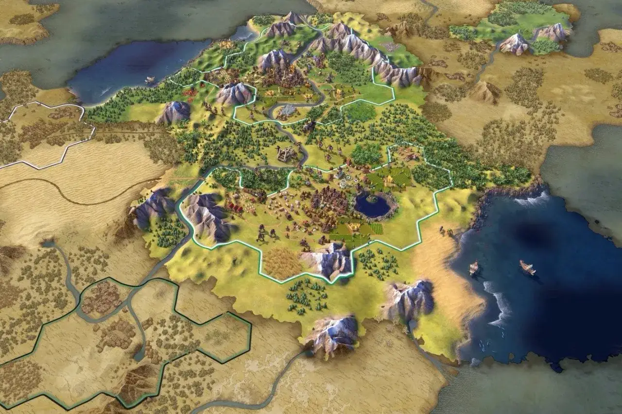 Mapa de Civilization VI con ciudades, granjas, bosques y montañas. Descubre trucos para expandir tu imperio y dominar el mundo.
