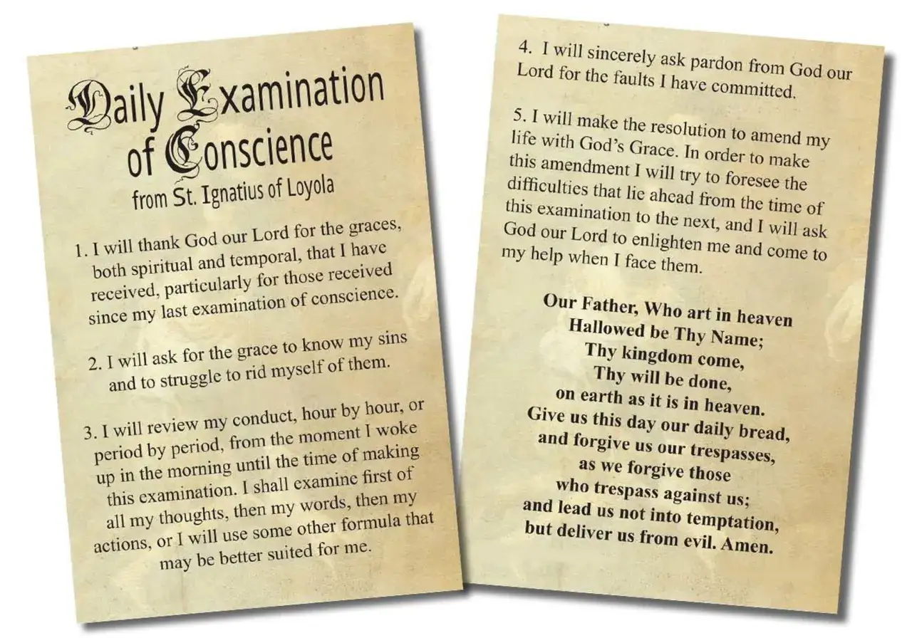 Daily Examination of Conscience from St. Ignatius of Loyola, a guide for daily reflection and confession, listing examples of sins to say.