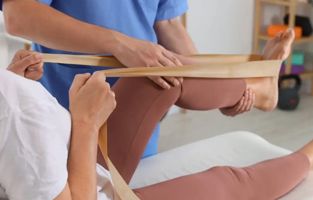 Physiotherapeutin hilft Patientin bei der Rehabilitation nach Meniskus-OP mit einem Band. Frage: Meniskus OP wie lange krank?