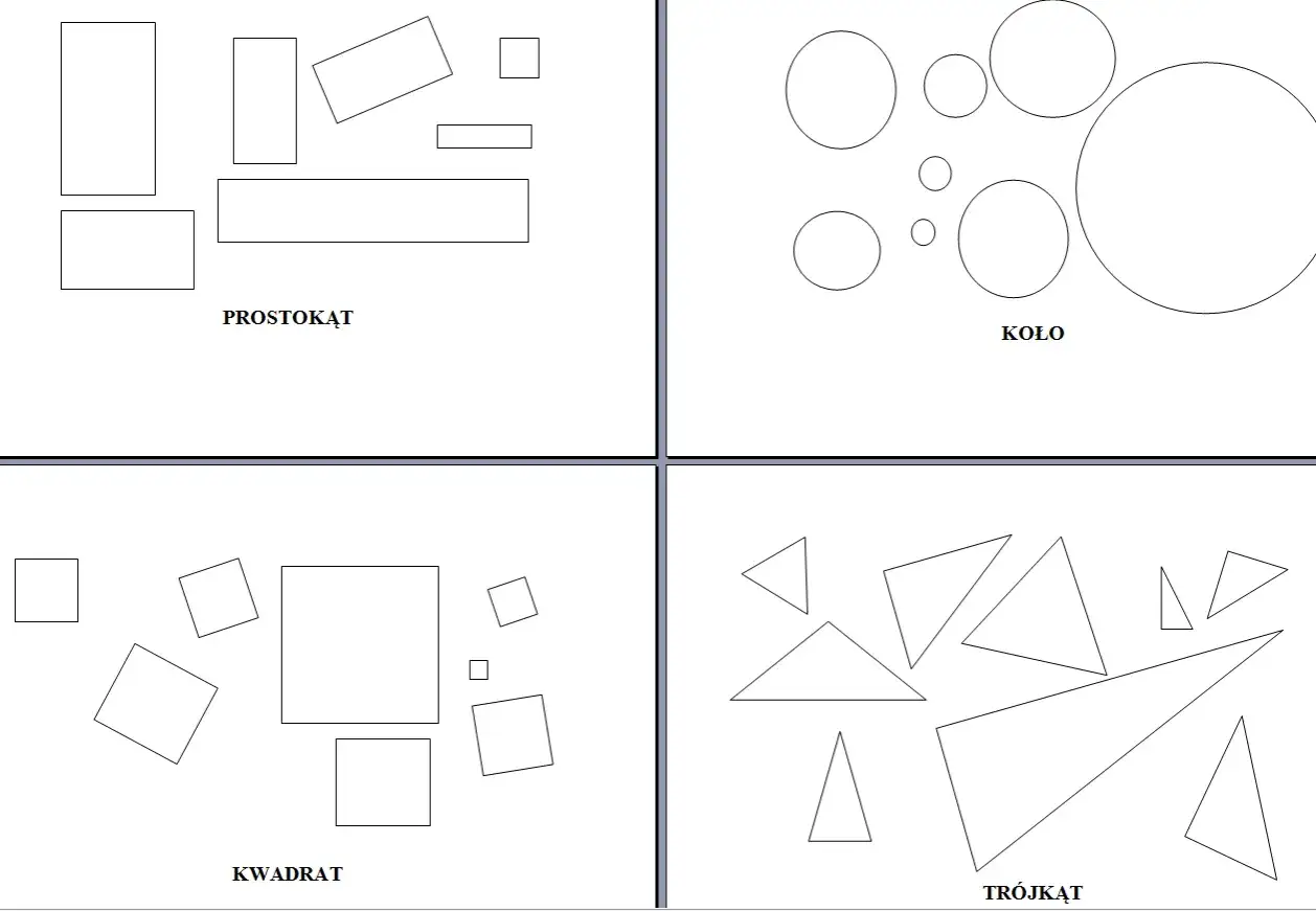 Zestaw obrazków z figur geometrycznych do druku: prostokąty, koła, kwadraty i trójkąty.
