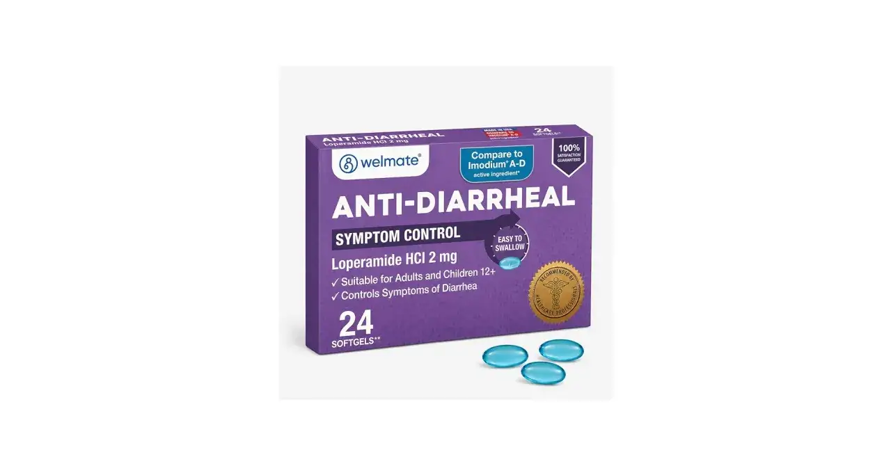Welmate Anti-Diarrheal, ett medicin mot diarré med loperamid HCl 2 mg. Förpackningen innehåller 24 softgels.