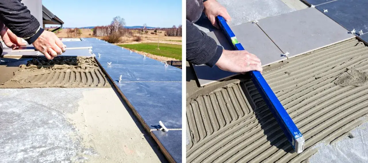 Pose-t-on coller du carrelage avec du ciment ? Oui, les images montrent la pose de carrelage sur un lit de ciment frais, avec des croisillons pour espacer les carreaux.