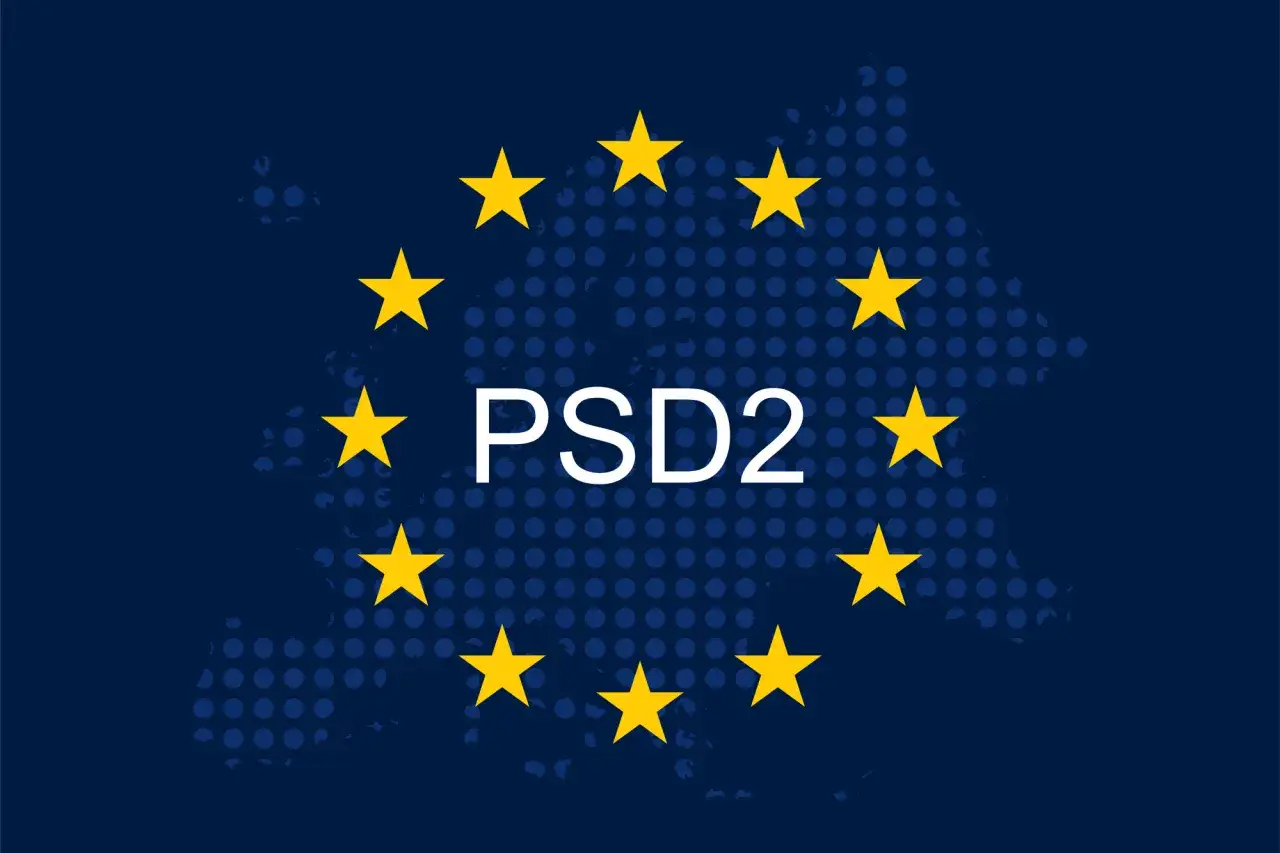 Niebieskie tło z mapą Europy i gwiazdami Unii Europejskiej. W centrum napis PSD2.