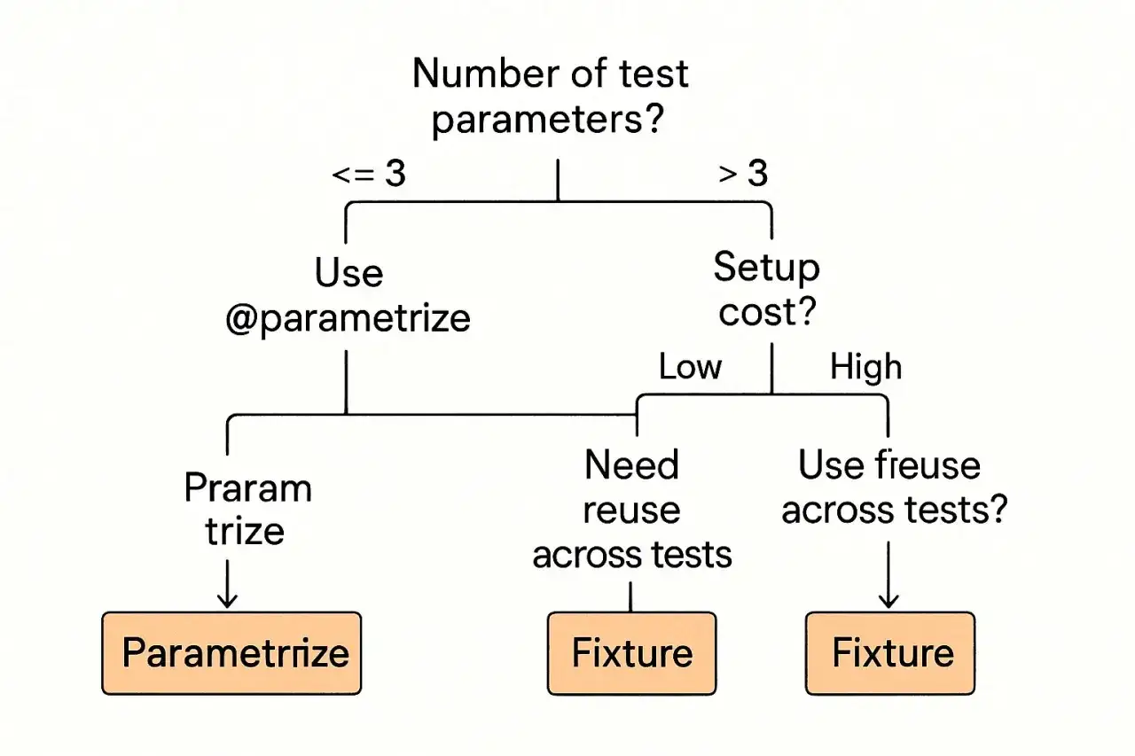 Diagram decyduje, kiedy użyć pytest parametrize, a kiedy fixture. Gdy parametr&oacute;w jest mało, stosujemy @parametrize. Przy większej liczbie parametr&oacute;w i niskim koszcie setupu, rozważamy fixture.