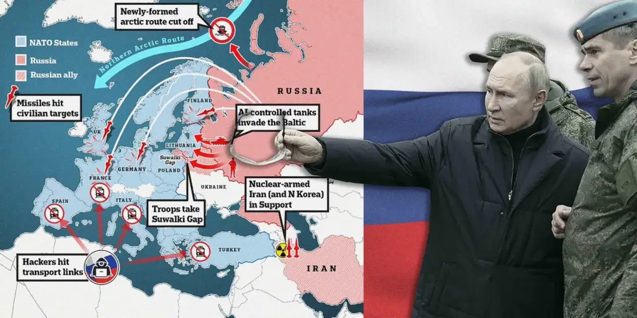 Mapa pokazuje potencjalne działania wojenne Rosji i jej sojuszników, w tym zajęcie Przesmyku Suwalskiego i ataki na cele cywilne.